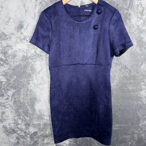 Calvin Klein Womens Sheath Dress Size 8 Navy Blue Faux Suede Button Accent